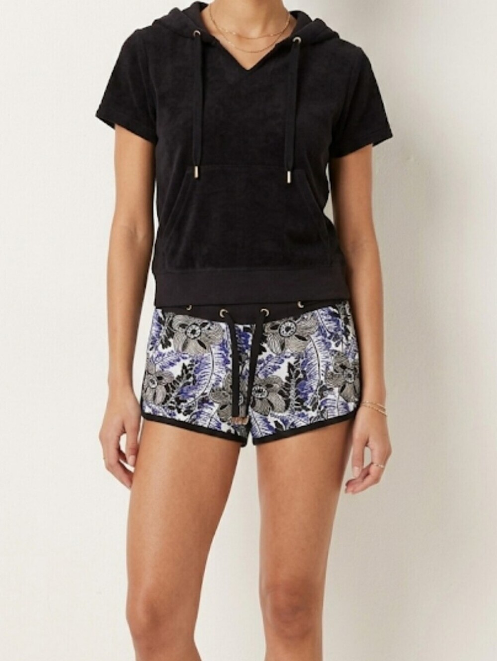 Juicy Couture Y2K Tropical Floral Drawstring Shorts Black Blue Size S